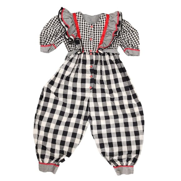Vintage Girls Handmade Check Black White Red Ruffled Romper Jumpsuit 6-8 Poofy